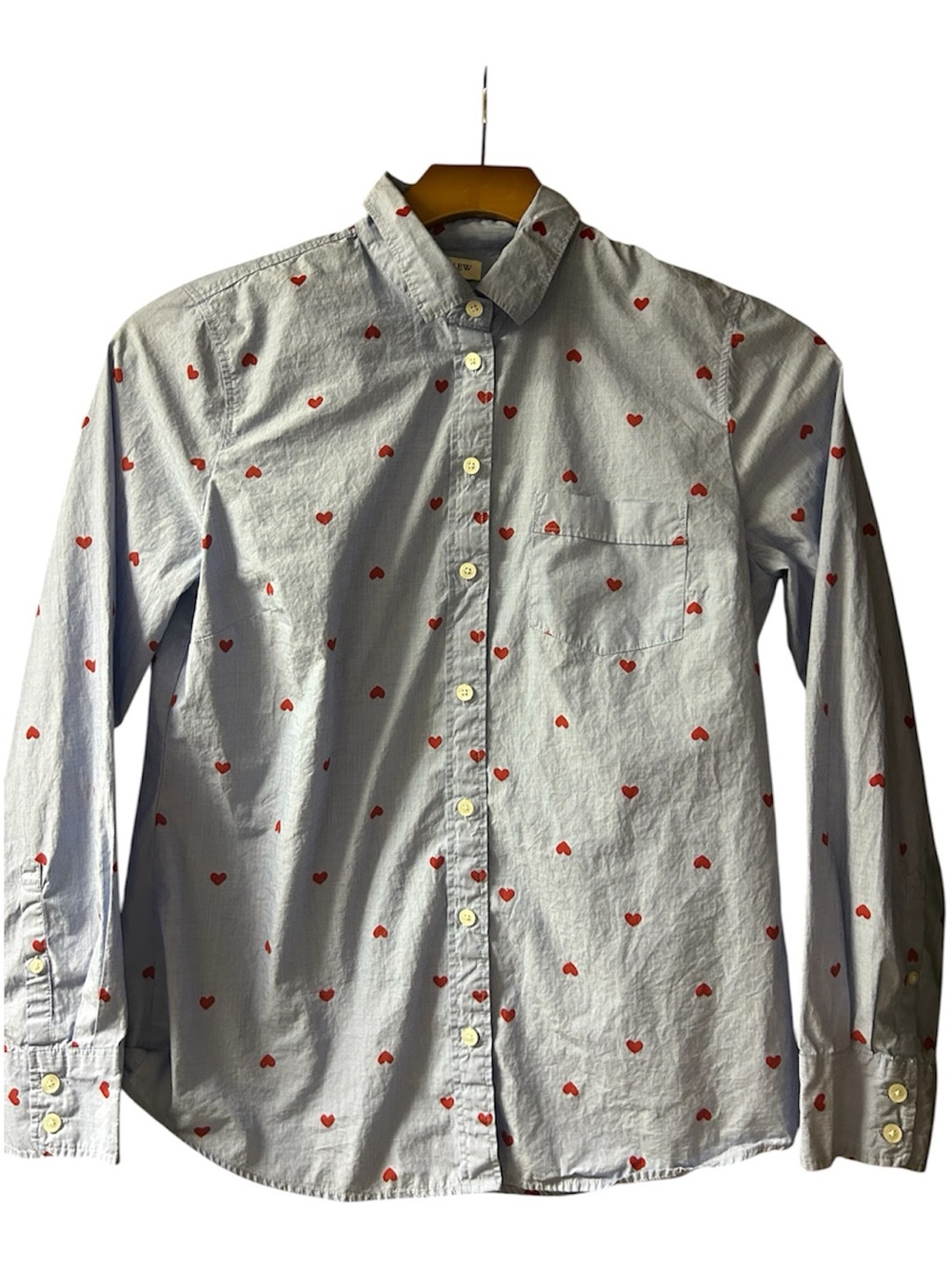 J. Crew Light Blue Button-Down Shirt with Red Heart Print